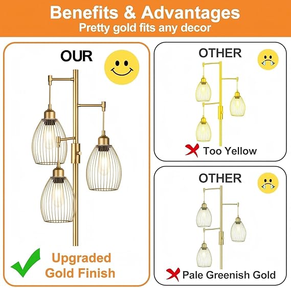 WAF-TOP Dimmable Gold Floor Lamps for Living Room, 3 Light Tall Floor Lamps for Bedroom with 3 Elegant Teardrop Cage Heads & 800 Lumens LED Edison Bulbs, for Living & Reading Room, Bedroom, Office & Nursery