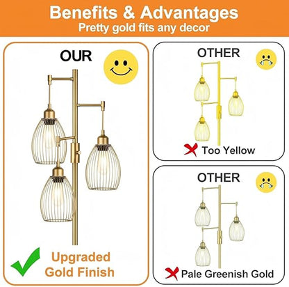 WAF-TOP Dimmable Gold Floor Lamps for Living Room, 3 Light Tall Floor Lamps for Bedroom with 3 Elegant Teardrop Cage Heads & 800 Lumens LED Edison Bulbs, for Living & Reading Room, Bedroom, Office & Nursery