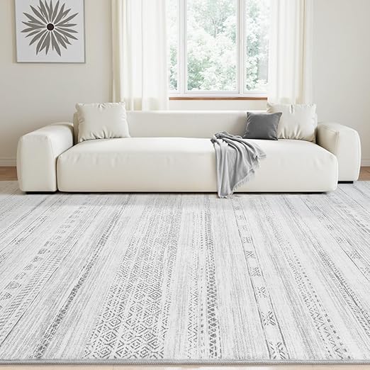 FLICKERGIFT 5x7 Area Rugs for Living Room Machine Washable Rug Distressed Indoor Carpet Neutral Moroccan Boho Rug Ultra Soft Area Rug for Bedroom Dining Room Playroom Office, Grey