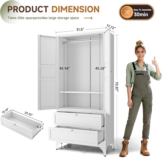 WAF-TOP Metal Armoire Wardrobe Closet with 2 Drawers,18" Deep Clothing Storage Cabinet with Doors and Shelves,Coat Closet with Hanging Rod,Bedroom,Home,Cloak Room,White