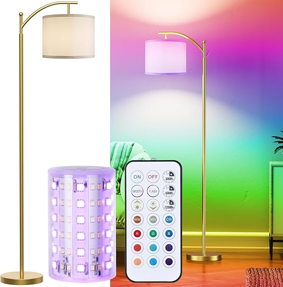 WAF-TOP  Battery Operated Floor Lamp, RGB Dimmable Cordless Standing Lamp with Remote Control for Living Room, Tall Floor Lamp for Bedroom -Gold