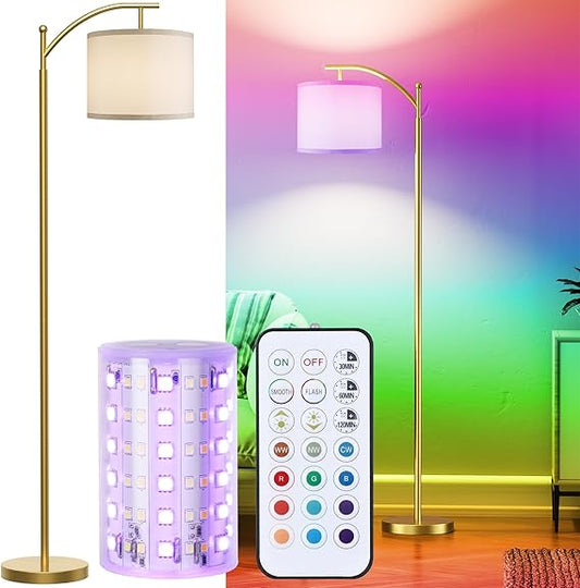 WAF-TOP  Battery Operated Floor Lamp, RGB Dimmable Cordless Standing Lamp with Remote Control for Living Room, Tall Floor Lamp for Bedroom -Gold