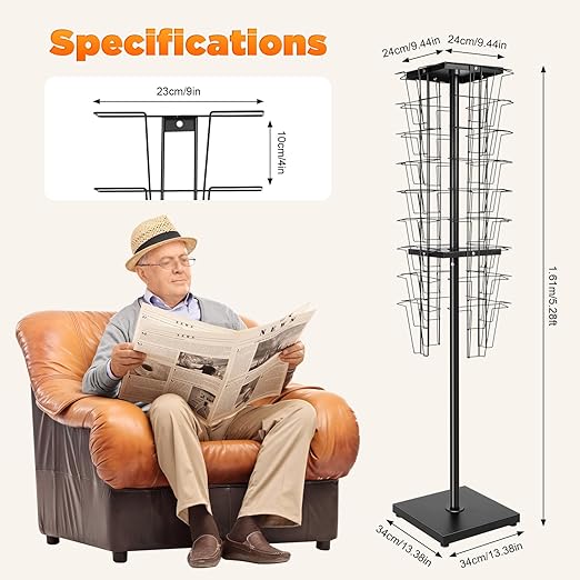 WAF-TOP  36 Pockets-360° Rotating Magazine Rack, Floor Standing Pamphlet Literature Organizer, Comic Book Brochure Display Stand, for Retail Store, Office, Trade Show Exhibition