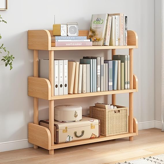 WAF-TOP 3-Tier Wooden Open Bookcase - Modern Display Bookshelf with Top Edge and Solid Wood Frame for Home and Office, Storage Cabinet, Oak