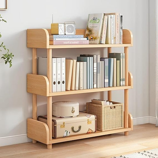 FLICKERGIFT 3-Tier Wooden Open Bookcase - Modern Display Bookshelf with Top Edge and Solid Wood Frame for Home and Office, Storage Cabinet, Oak