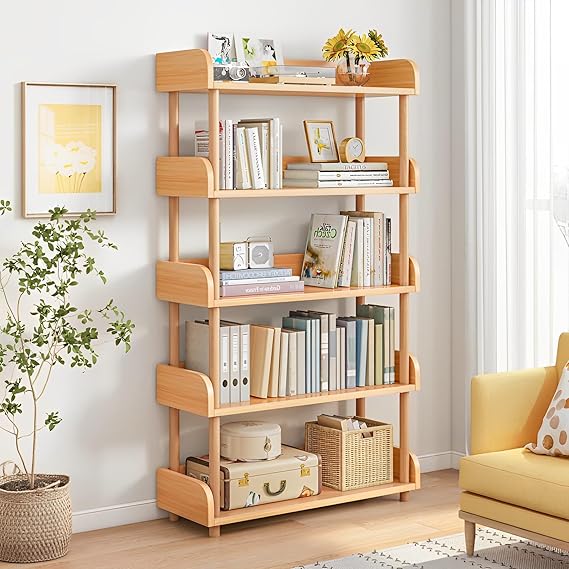 WAF-TOP 5-Tier Wooden Open Bookcase - Modern Display Bookshelf with Top Edge and Solid Wood Frame for Home and Office, Storage Cabinet, Oak