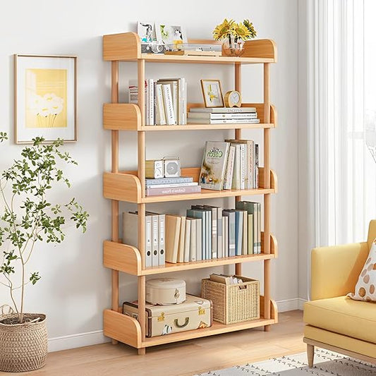 FLICKERGIFT 5-Tier Wooden Open Bookcase - Modern Display Bookshelf with Top Edge and Solid Wood Frame for Home and Office, Storage Cabinet, Oak