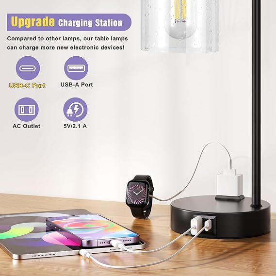 WAF-TOP Industrial Touch Table Lamps for Bedrooms Set of 2 - 3-Way Dimmable Lamps with USB C+A Ports and Outlet, Black Bedside Lamps with Seeded Clear Glass Shade for Living Room, Desk Lamps for Home Office