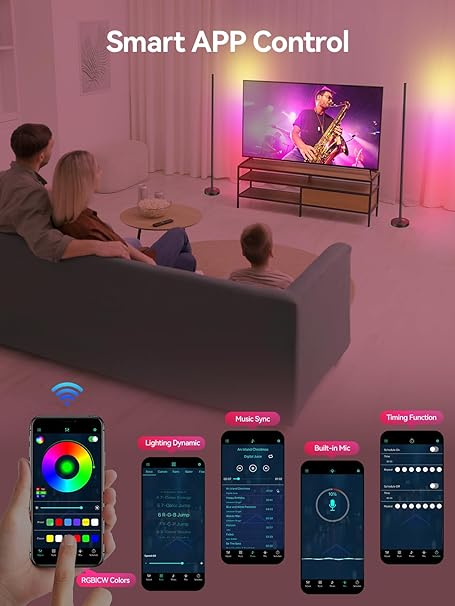 WAF-TOP Smart RGBICW LED Corner Floor Lamp - 16 Million DIY Colors, 68+ Scenes, Music Sync, App & Remote Control, Color-Changing Ambient Lighting for Living Rooms, Bedrooms, and Gaming Rooms