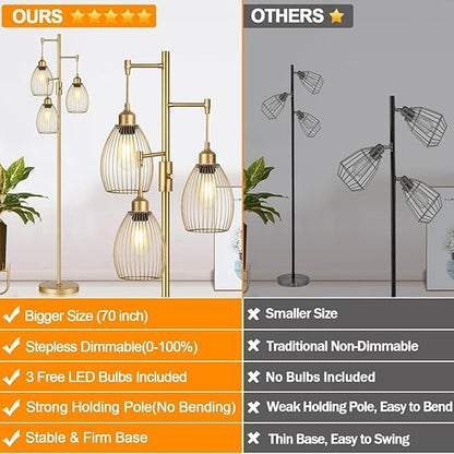 WAF-TOP Dimmable Gold Floor Lamps for Living Room, 3 Light Tall Floor Lamps for Bedroom with 3 Elegant Teardrop Cage Heads & 800 Lumens LED Edison Bulbs, for Living & Reading Room, Bedroom, Office & Nursery