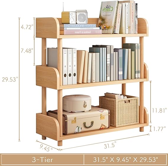 WAF-TOP 3-Tier Wooden Open Bookcase - Modern Display Bookshelf with Top Edge and Solid Wood Frame for Home and Office, Storage Cabinet, Oak
