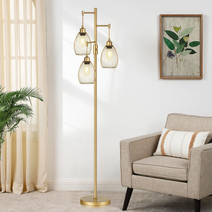 WAF-TOP Dimmable Gold Floor Lamps for Living Room, 3 Light Tall Floor Lamps for Bedroom with 3 Elegant Teardrop Cage Heads & 800 Lumens LED Edison Bulbs, for Living & Reading Room, Bedroom, Office & Nursery