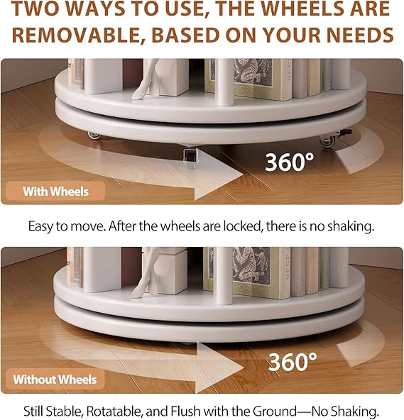 WAF-TOP Solid Wood Rotating Bookshelf on Wheels, 6 Tier, Round Revolving Bookcase, 360° Spinning Book Shelf Tower for Kids, Narrow Rolling Bookshelves for Small Space, Corner, Bedroom, Office, White
