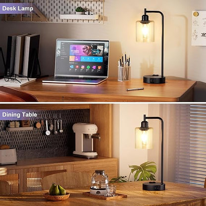 WAF-TOP Industrial Touch Table Lamps for Bedrooms Set of 2 - 3-Way Dimmable Lamps with USB C+A Ports and Outlet, Black Bedside Lamps with Seeded Clear Glass Shade for Living Room, Desk Lamps for Home Office