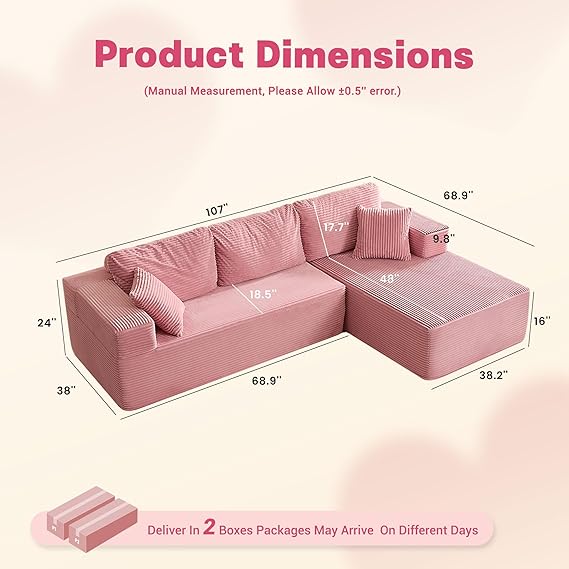 WAF-TOP  107" Boneless Couch with Deep Seat, Modular Sectional Sofa, Cloud Sectional Couch for Living Room, No Assembly Required, Corduroy, L-Shape Right, Pink