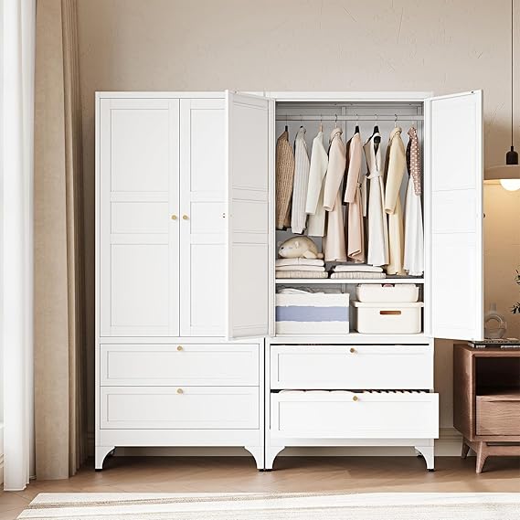 WAF-TOP Metal Armoire Wardrobe Closet with 2 Drawers,18" Deep Clothing Storage Cabinet with Doors and Shelves,Coat Closet with Hanging Rod,Bedroom,Home,Cloak Room,White