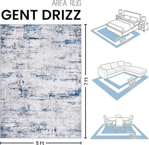 FLICKERGIFT Area Rug Living Room Rugs: 5x7 Large Soft Indoor Carpet Modern Abstract Rug with Non Slip Rubber Backing for Under Dining Table Nursery Home Office Bedroom White Gray Blue