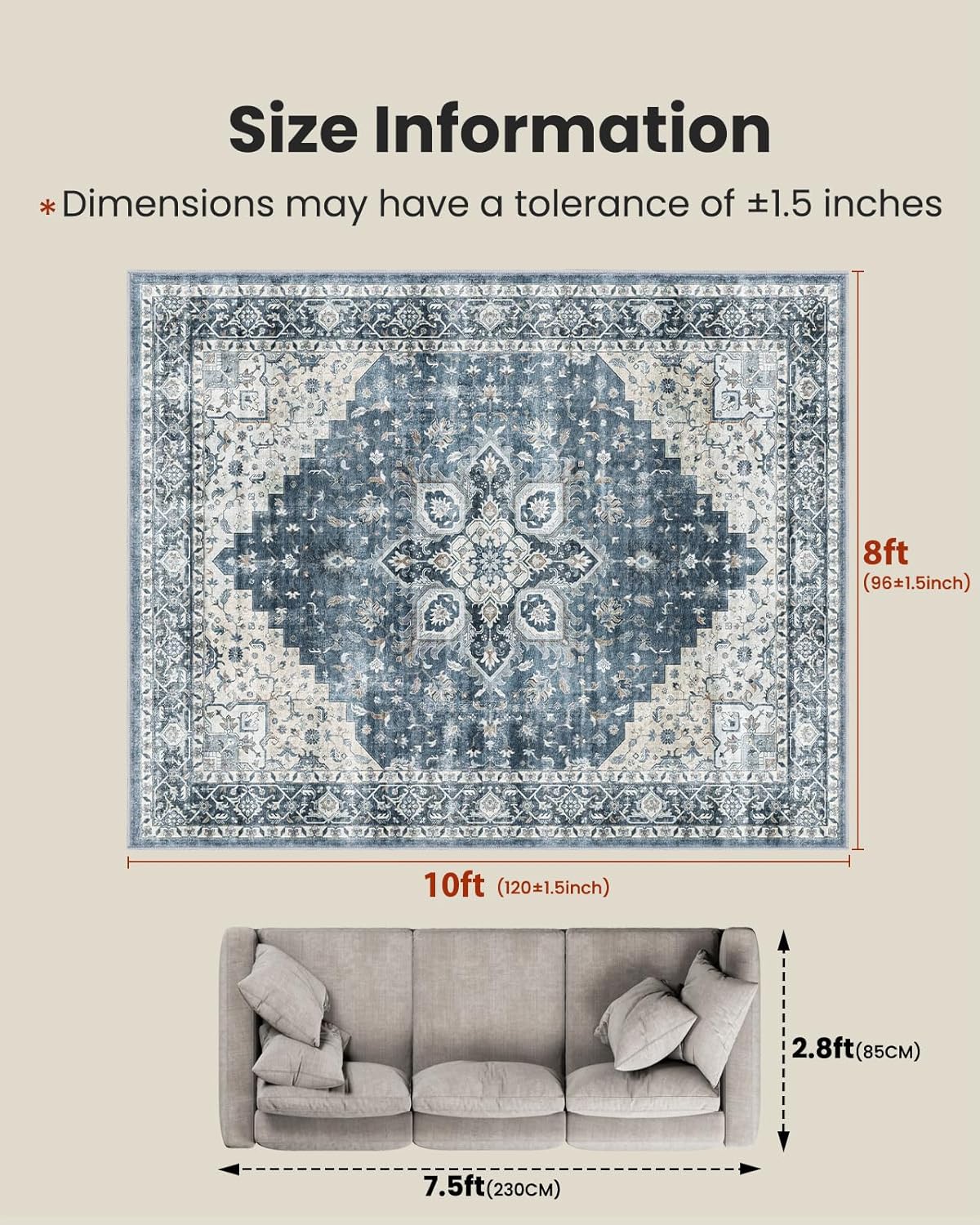 FLICKERGIFT HOMEFURNISHING 8x10 Washable Area Rug, Low-Profile with Non-Slip Backing & Durable Edge Binding, Vintage Large Rugs for Living Room, Bedroom, Dining Room, Blue