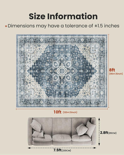 FLICKERGIFT HOMEFURNISHING 8x10 Washable Area Rug, Low-Profile with Non-Slip Backing & Durable Edge Binding, Vintage Large Rugs for Living Room, Bedroom, Dining Room, Blue