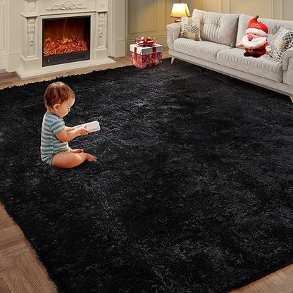 FLICKERGIFT Super Soft Area Rugs for Living Room 5x7 Black, Fluffy Furry Shaggy Fuzzy Area Rug, Upgrade Anti-Skid Rectangular, High Pile Soft Throw Rug for Bedroom and Kids Room, Home Decor Aesthetic