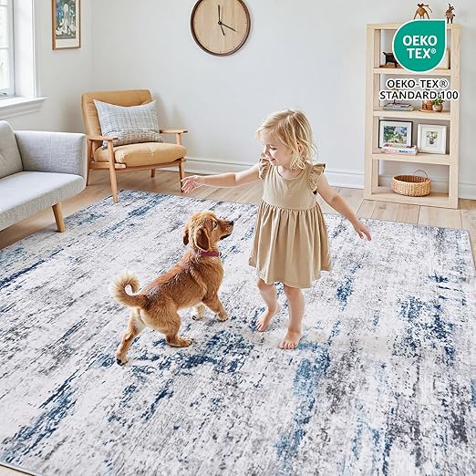FLICKERGIFT Area Rug Living Room Rugs: 5x7 Large Soft Indoor Carpet Modern Abstract Rug with Non Slip Rubber Backing for Under Dining Table Nursery Home Office Bedroom White Gray Blue