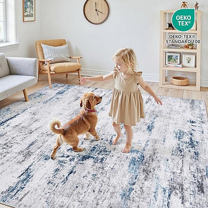 FLICKERGIFT Area Rug Living Room Rugs: 5x7 Large Soft Indoor Carpet Modern Abstract Rug with Non Slip Rubber Backing for Under Dining Table Nursery Home Office Bedroom White Gray Blue