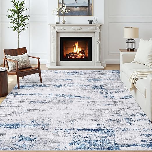 FLICKERGIFT Area Rug Living Room Rugs: 5x7 Large Soft Indoor Carpet Modern Abstract Rug with Non Slip Rubber Backing for Under Dining Table Nursery Home Office Bedroom White Gray Blue