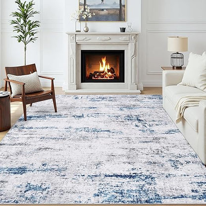 FLICKERGIFT Area Rug Living Room Rugs: 5x7 Large Soft Indoor Carpet Modern Abstract Rug with Non Slip Rubber Backing for Under Dining Table Nursery Home Office Bedroom White Gray Blue