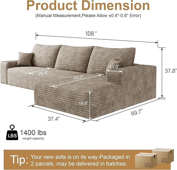 WAF-TOP 108" Sectional Couches for Living Room Modern Modular Sofa with L-Shape Couchs Upholstered Boneless Couch Deep Seat Sectional Couch with Chaise (Camel, Right Facing Chaise+2Seaters)