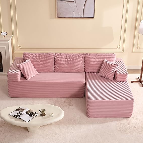WAF-TOP  107" Boneless Couch with Deep Seat, Modular Sectional Sofa, Cloud Sectional Couch for Living Room, No Assembly Required, Corduroy, L-Shape Right, Pink