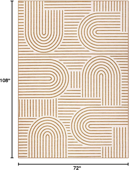 FLICKERGIFT Washable Rug 6x9 Area Rugs for Living Room, Abstract Rug for Bedroom, Soft Rainbow Non Slip Throw Rugs with Rubber, Low Pile Stain Resistant Boho Geometric Carpet for Dining Room, Orange