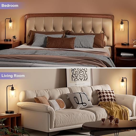 WAF-TOP Industrial Touch Table Lamps for Bedrooms Set of 2 - 3-Way Dimmable Lamps with USB C+A Ports and Outlet, Black Bedside Lamps with Seeded Clear Glass Shade for Living Room, Desk Lamps for Home Office
