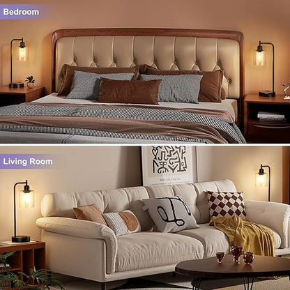 WAF-TOP Industrial Touch Table Lamps for Bedrooms Set of 2 - 3-Way Dimmable Lamps with USB C+A Ports and Outlet, Black Bedside Lamps with Seeded Clear Glass Shade for Living Room, Desk Lamps for Home Office