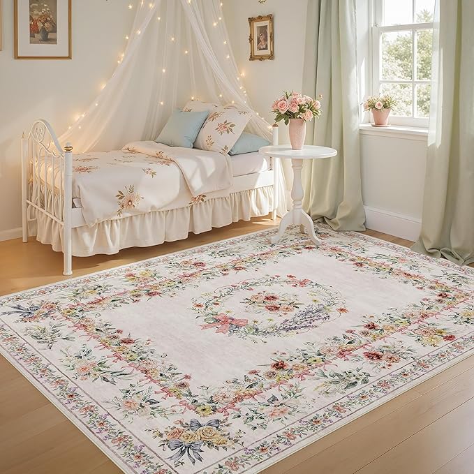 FLICKERGIFT Floral Bow Print 8x10 Area Rugs, Washable Pink Rugs for Bedroom Girls Nursery, Boho Ultra-Thin Soft Non Slip Carpet for Playroom Kids Room Living Room Classroom Decor, Light Pink