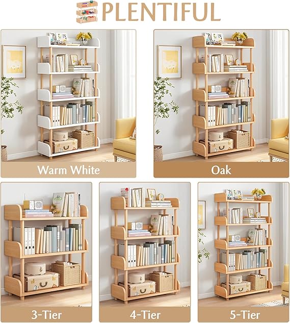 WAF-TOP 5-Tier Wooden Open Bookcase - Modern Display Bookshelf with Top Edge and Solid Wood Frame for Home and Office, Storage Cabinet, Oak