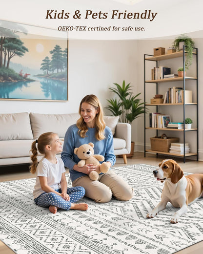FLICKERGIFT 8x10 Area Rug for Living Room Moroccan Washable Rugs Non Slip Indoor Floor Carpet Foldable Large Soft Area Rug for Dining Room Bedroom with Low Pile(Grey,8'x10')