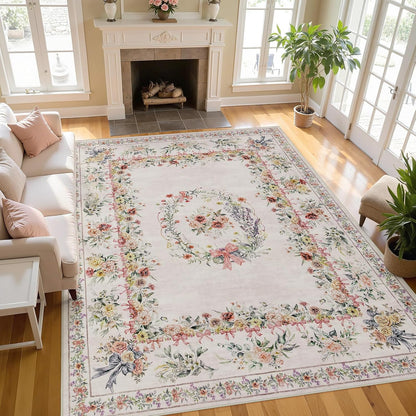 FLICKERGIFT Floral Bow Print 8x10 Area Rugs, Washable Pink Rugs for Bedroom Girls Nursery, Boho Ultra-Thin Soft Non Slip Carpet for Playroom Kids Room Living Room Classroom Decor, Light Pink