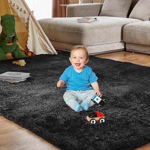 FLICKERGIFT Super Soft Area Rugs for Living Room 5x7 Black, Fluffy Furry Shaggy Fuzzy Area Rug, Upgrade Anti-Skid Rectangular, High Pile Soft Throw Rug for Bedroom and Kids Room, Home Decor Aesthetic