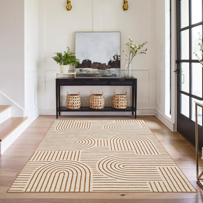 FLICKERGIFT Washable Rug 6x9 Area Rugs for Living Room, Abstract Rug for Bedroom, Soft Rainbow Non Slip Throw Rugs with Rubber, Low Pile Stain Resistant Boho Geometric Carpet for Dining Room, Orange