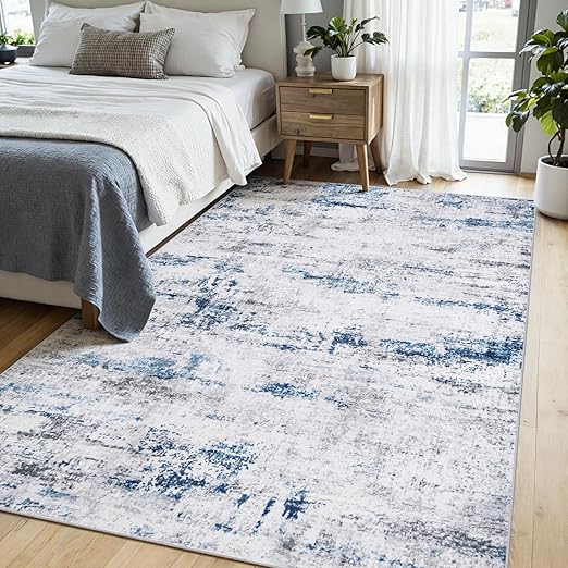 FLICKERGIFT Area Rug Living Room Rugs: 5x7 Large Soft Indoor Carpet Modern Abstract Rug with Non Slip Rubber Backing for Under Dining Table Nursery Home Office Bedroom White Gray Blue