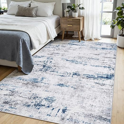 FLICKERGIFT Area Rug Living Room Rugs: 5x7 Large Soft Indoor Carpet Modern Abstract Rug with Non Slip Rubber Backing for Under Dining Table Nursery Home Office Bedroom White Gray Blue