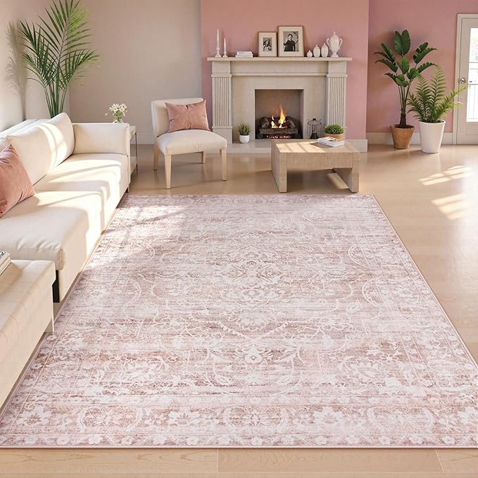 FLICKERGIFT Pink Rugs for Bedroom Girls,Cute Nursery Rug Boho Area Rugs 5x7,Floral Living Room Rug Carpet Ultra-Thin Soft Washable, Kids Rugs for Playroom Baby Room Decor Dorm Aube (Light Pink, 5'X7')