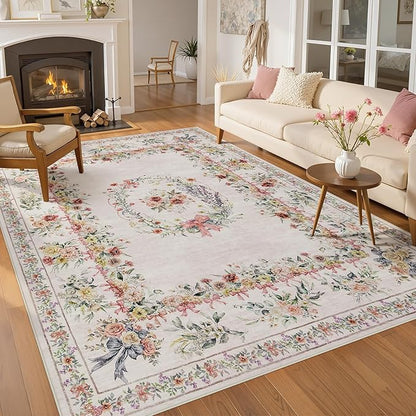 FLICKERGIFT Floral Bow Print 8x10 Area Rugs, Washable Pink Rugs for Bedroom Girls Nursery, Boho Ultra-Thin Soft Non Slip Carpet for Playroom Kids Room Living Room Classroom Decor, Light Pink