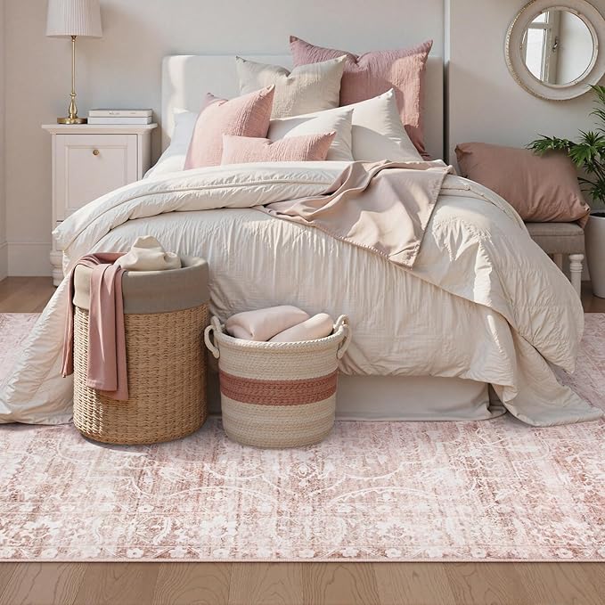FLICKERGIFT Pink Rugs for Bedroom Girls,Cute Nursery Rug Boho Area Rugs 5x7,Floral Living Room Rug Carpet Ultra-Thin Soft Washable, Kids Rugs for Playroom Baby Room Decor Dorm Aube (Light Pink, 5'X7')