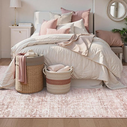 FLICKERGIFT Pink Rugs for Bedroom Girls,Cute Nursery Rug Boho Area Rugs 5x7,Floral Living Room Rug Carpet Ultra-Thin Soft Washable, Kids Rugs for Playroom Baby Room Decor Dorm Aube (Light Pink, 5'X7')