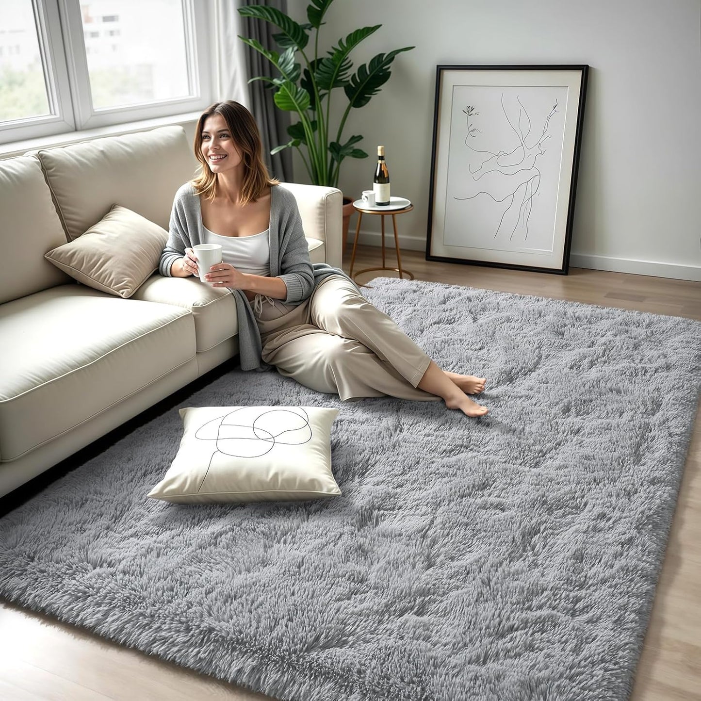FLICKERGIFT Area Rugs for Living Room Grey Rugs for Bedroom 4x6 Carpet Fluffy Furry Soft Shag Aesthetic Plush High Pile Gray Throw Rug for Nursery Kids Room Dorm
