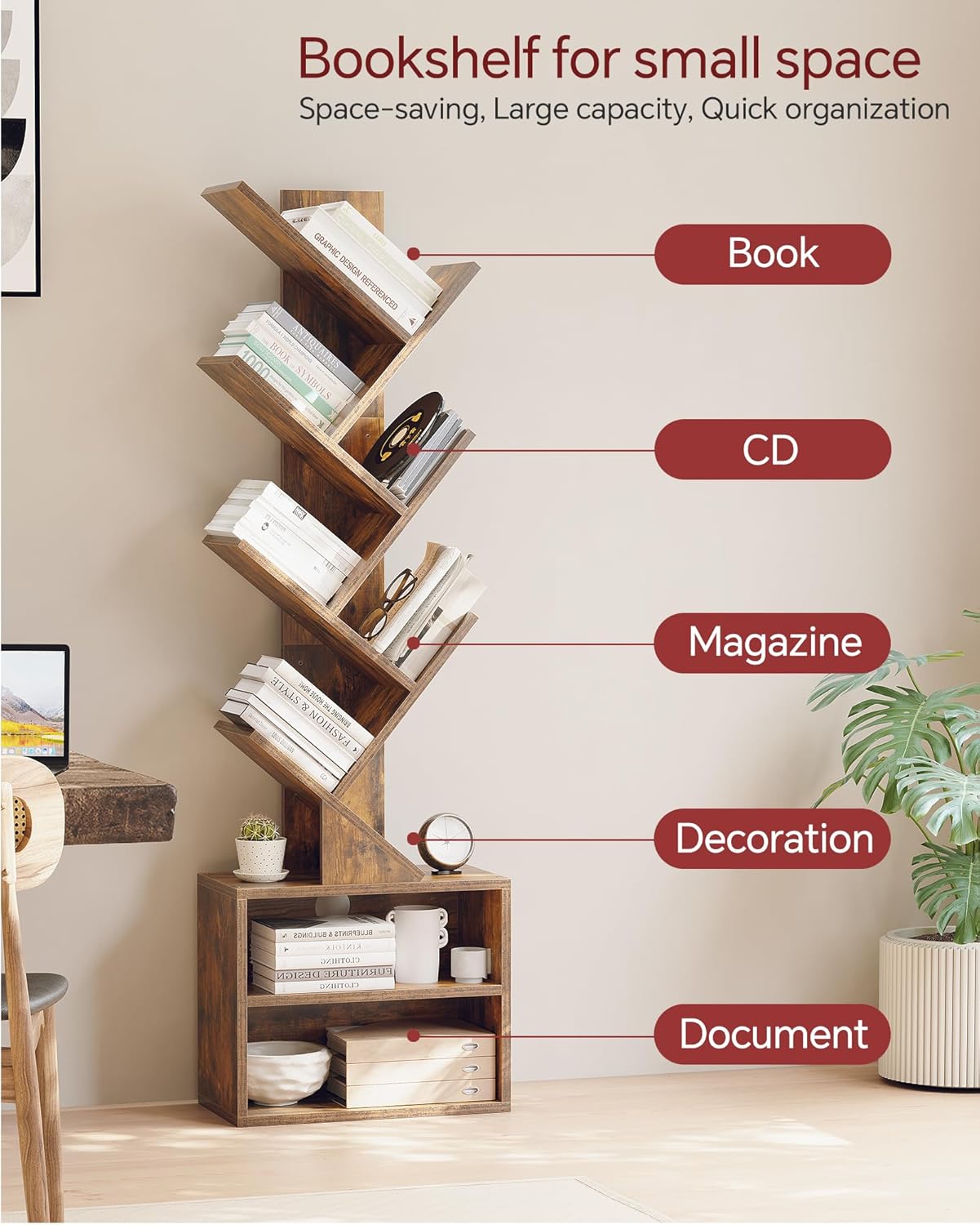 WAF-TOP Tier Tree Bookshelf, Small Bookcase with Storage Cabinet, Modern Tall Narrow Bookshelves Organizer, Floor Standing Book Shelf for Bedroom/Living Room/Home Office/Corner, Rustic Brown
