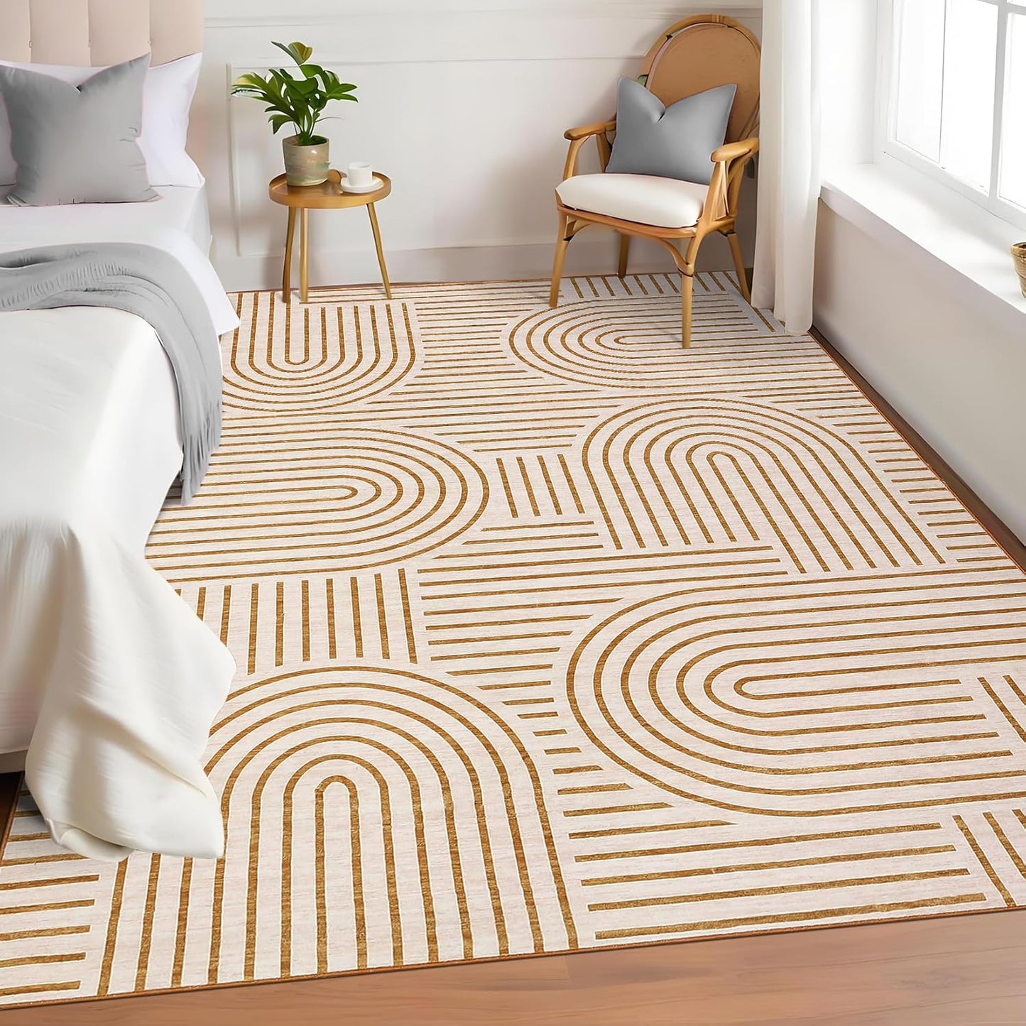FLICKERGIFT Washable Rug 6x9 Area Rugs for Living Room, Abstract Rug for Bedroom, Soft Rainbow Non Slip Throw Rugs with Rubber, Low Pile Stain Resistant Boho Geometric Carpet for Dining Room, Orange