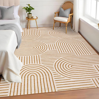 FLICKERGIFT Washable Rug 6x9 Area Rugs for Living Room, Abstract Rug for Bedroom, Soft Rainbow Non Slip Throw Rugs with Rubber, Low Pile Stain Resistant Boho Geometric Carpet for Dining Room, Orange