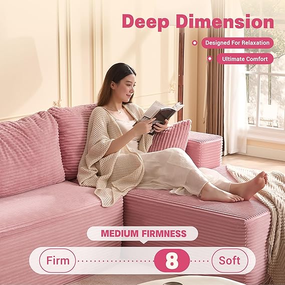 WAF-TOP  107" Boneless Couch with Deep Seat, Modular Sectional Sofa, Cloud Sectional Couch for Living Room, No Assembly Required, Corduroy, L-Shape Right, Pink